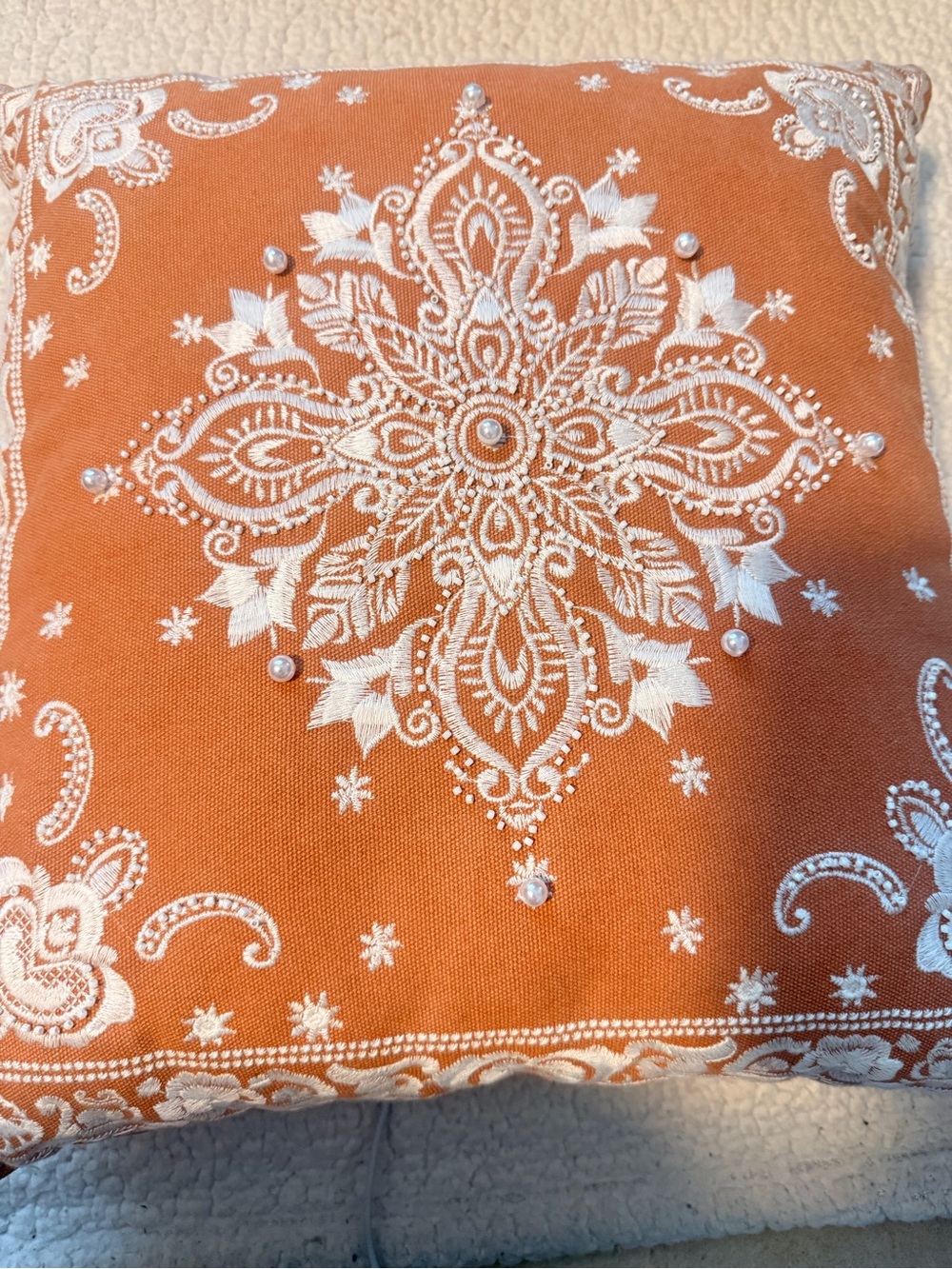 & Other Stories Orange Embroidered Medallion Throw Pillow